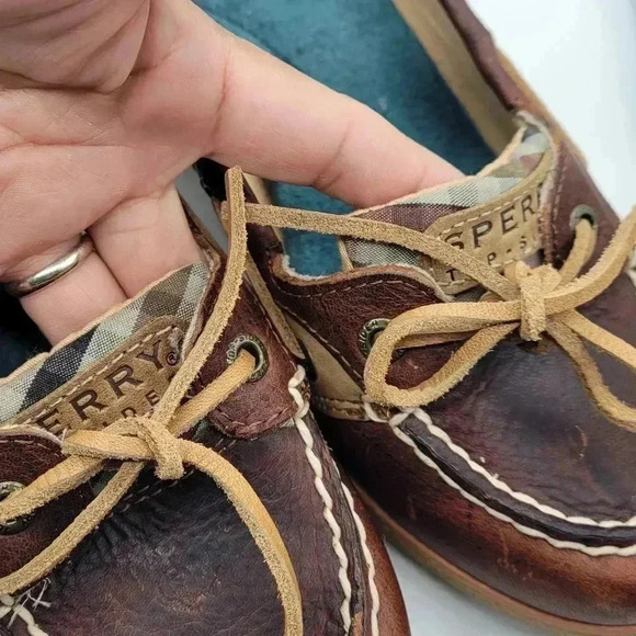 Sperry Top-Sider Wedge Heels Blue Plaid "Goldfish" Size 7.5 M Brown Leather - Picture 6 of 11